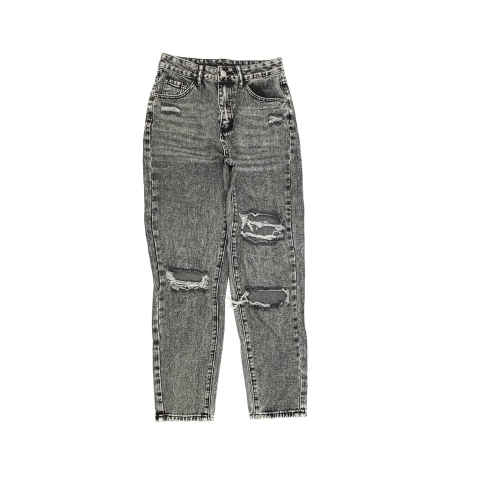Shein Straight Leg Jeans Womens 2 Black Acid Wash Distressed High Rise Denim